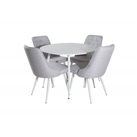 Plaza Round Table 100 cm - White top / White Legs, Velvet Deluxe Dining Chair - White Legs - Light Grey Fabric_4