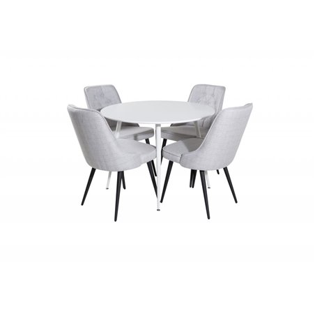 Plaza Round Table 100 cm - White top / White Legs, Velvet Deluxe Dining Chair - Black Legs - Light Grey Fabric_4