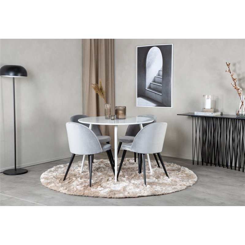 Plaza Round Table 100 cm - White top / White Legs, Velvet Dining Chair - Light Grey / Black_4