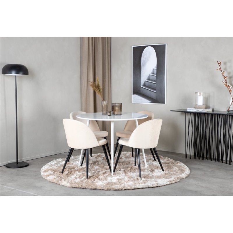 Pyöreä pöytäpöytä 100 cm - valkoinen toppi / valkoiset jalat, sametti ruokatuoli - beige / Pla