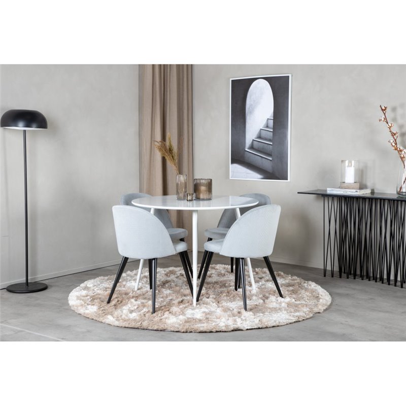 Plaza Round Table 100 cm - White top / White Legs, Velvet Dining Chair Corduroy - Light Grey / Black_4