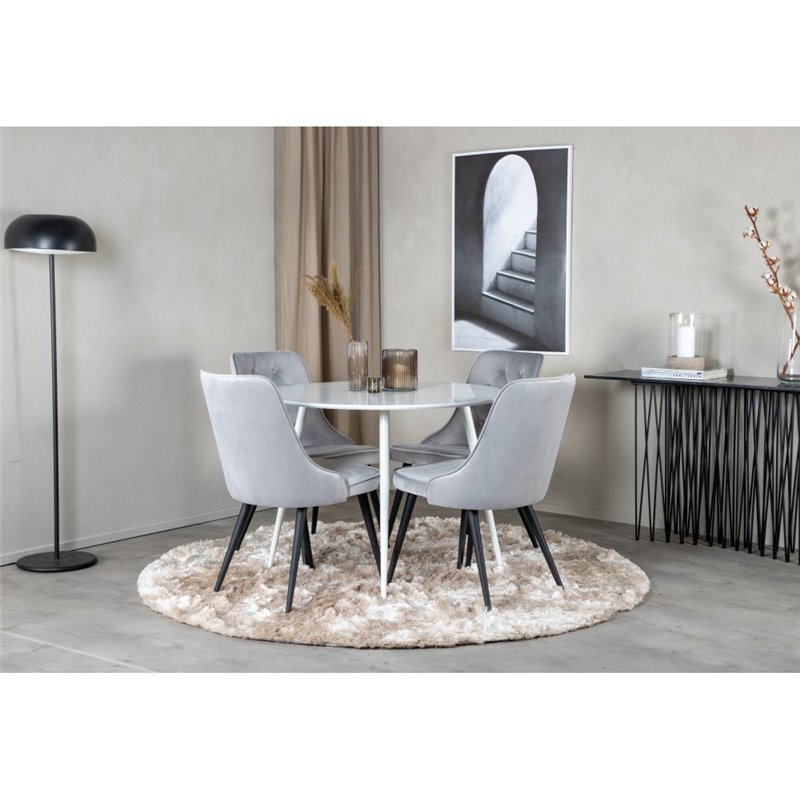 Rundt bordbord 100 cm - Hvid top / Hvide ben, Velvet Deluxe spisestuestol - Lysegrå / Pla