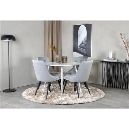 Pyöreä pöytäpöytä 100 cm - valkoinen toppi / valkoiset jalat, Velvet Deluxe -ruokailutuoli - vaaleanharmaa / Pla
