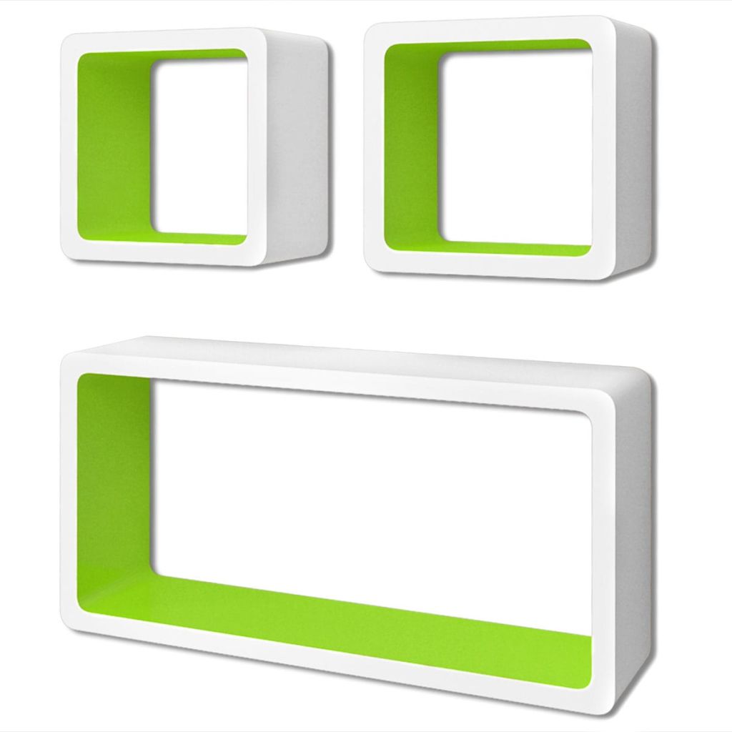 3 Flytande DVD/bokhylla förvaring i MDF kubform vit/grön