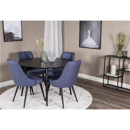 Dipp Dining Table - 115cm - Black Veneer / All black legs , Velvet Deluxe Dining Chair - Black Legs - Blue Fabric_4