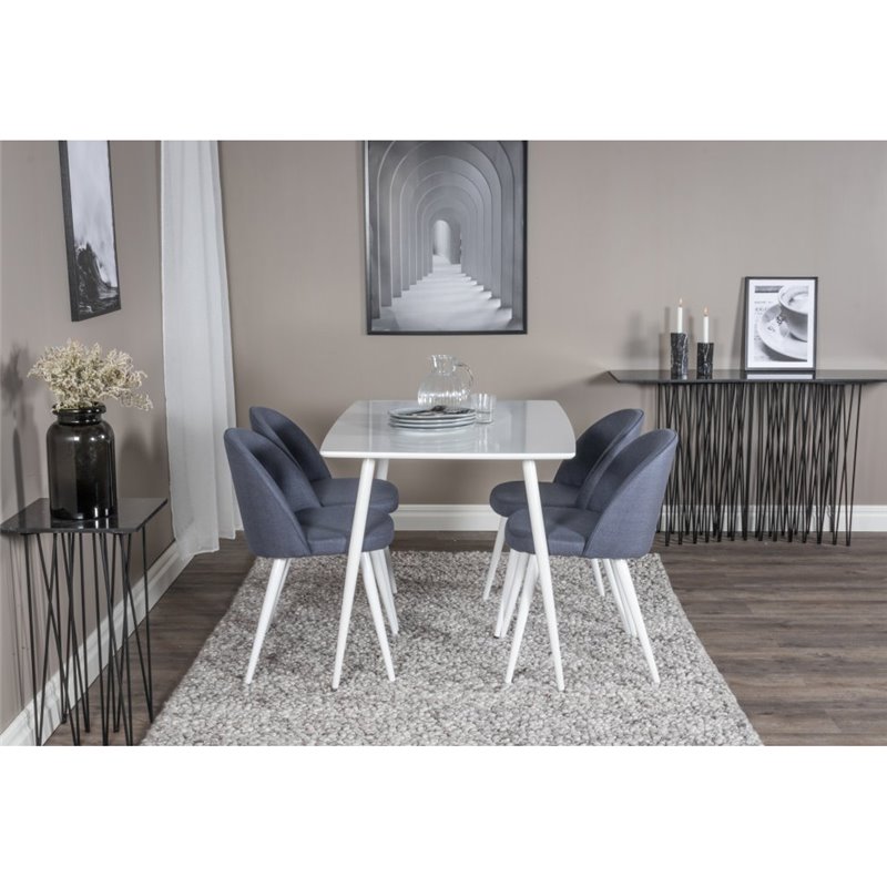 Polar Dining table 120 cm - White White, Velvet Dining Chiar - White legs - Blue Fabric_4