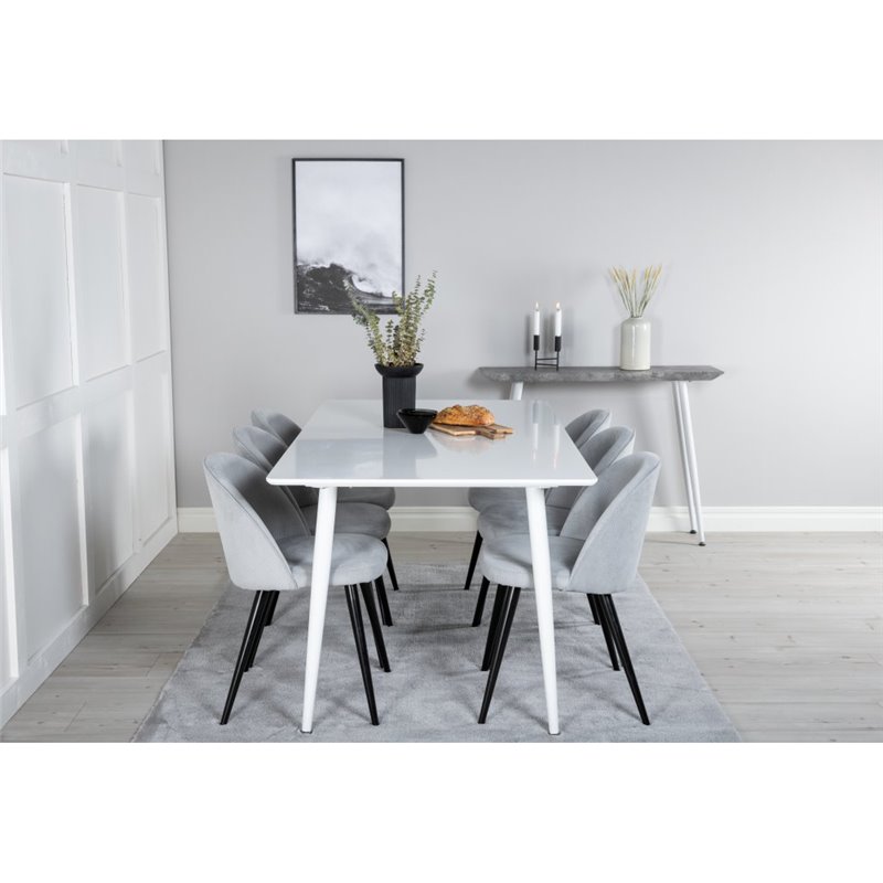 Polar Spisebord 180 cm - Hvid top / Hvide Ben, Spisebordsstol Fløjlsfløjl - Lysegrå / Sort_6