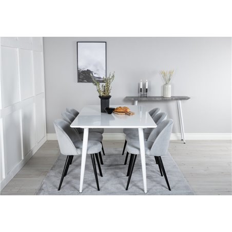 Polar Dining table 180 cm - White top / White Legs, Velvet Dining Chair Corduroy - Light Grey / Black_6