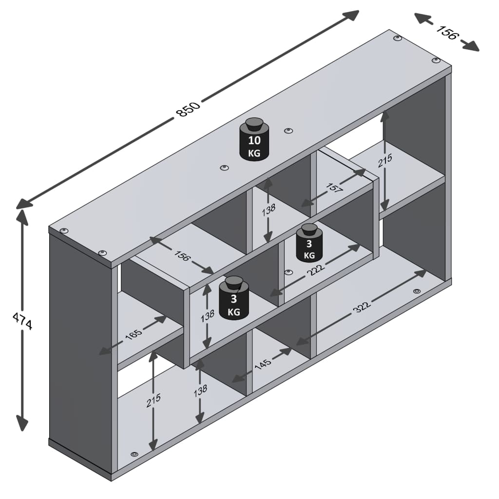 FMD Väggmonterad hylla rektangulär med 8 fack vit