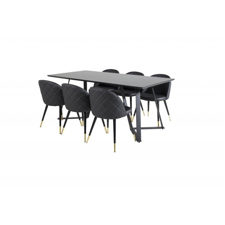 Marina Dining Table - Black top / Black Legs , Velvet Dining Chair w, Stiches - PU - Black / Black_6