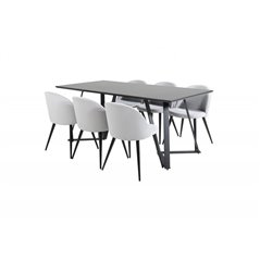 Marina Dining Table - Black top / Black Legs , Velvet Dining Chair Corduroy - Light Grey / Black_6