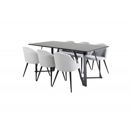 Marina Dining Table - Black top / Black Legs , Velvet Dining Chair Corduroy - Light Grey / Black_6