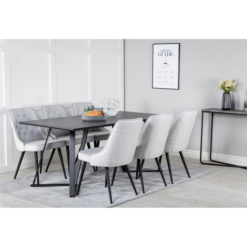 Marina Dining Table - Black top / Black Legs , Velvet Deluxe Dining Chair - Black Legs - Light Grey Fabric_6