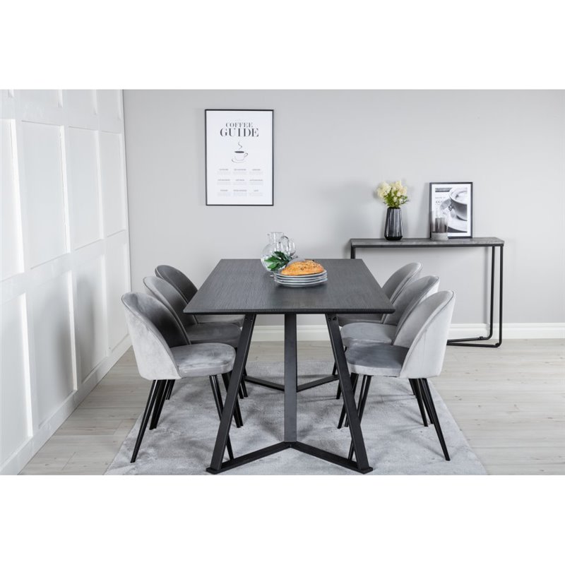 Marina Dining Table - Black top / Black Legs , Velvet Dining Chair - Light Grey / Black_6