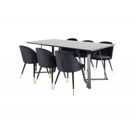 Marina Dining Table - Black top / Black Legs , Velvet Dining Chair Brass - Black / Black_6