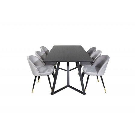 Marina Dining Table - Black top / Black Legs , Velvet Dining Chair Brass - Light Grey / Black_6