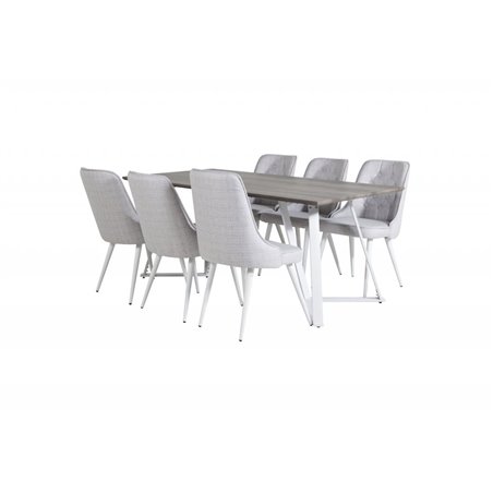 Marina Dining Table - Grey "oak"  / White Legs , Velvet Deluxe Dining Chair - White Legs - Light Grey Fabric_6