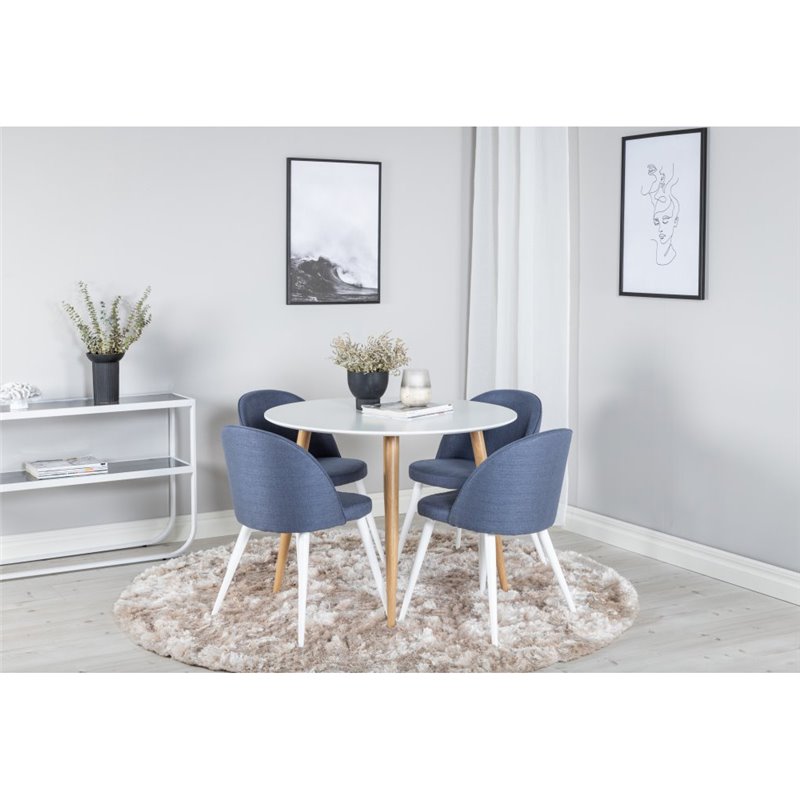 Pla za Rundt Spisebord - ø 100cm - Hvid / Eg, Velvet Dining Chiar - Hvide ben - Blue Stof_4