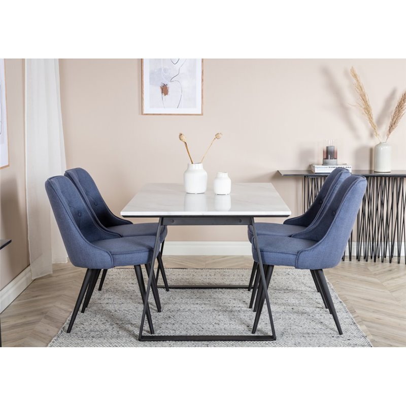 Estelle Dining Table 140*90 - White / Black, Velvet Deluxe Dining Chair - Black Legs - Blue Fabric_4