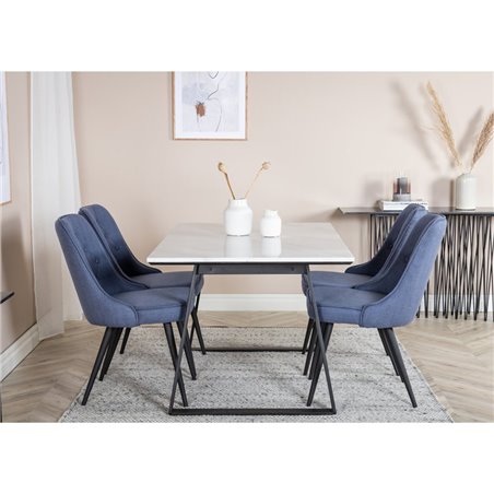 Estelle Dining Table 140*90 - White / Black, Velvet Deluxe Dining Chair - Black Legs - Blue Fabric_4