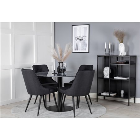 Estelle Round Dining Table ø106 H75 - Black / Black, Velvet Deluxe Dining Chair - Black Legs - Black Fabric_4