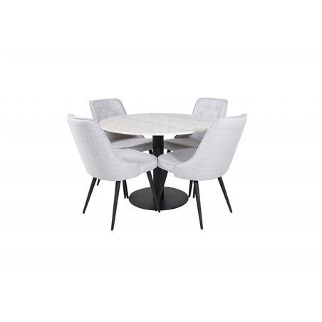 Estelle Round Dining Table ø106 H75 - White / Black, Velvet Deluxe Dining Chair - Black Legs - Light Grey Fabric_4