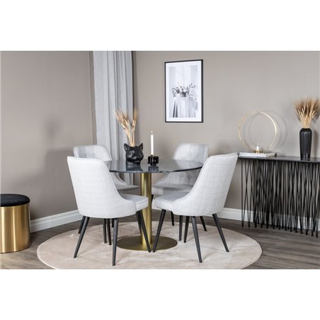 Estelle Round Dining Table ø106 H75 - Black / Brass, Velvet Deluxe Dining Chair - Black Legs - Light Grey Fabric_4