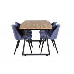 Matgrupp - Matbord Förlängningsbart Inca 160/200x85 cm - Ek-Look / Svart + 4 st Matstol Velvet - Blå / Svart