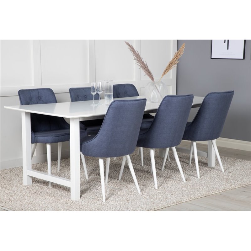 Count Dining Table - 220*100*H75 - White / White, Velvet Deluxe Dining Chair - White Legs - Blue Fabric_6