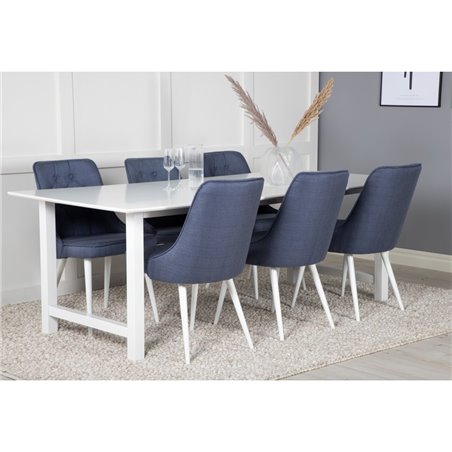 Count Dining Table - 220*100*H75 - White / White, Velvet Deluxe Dining Chair - White Legs - Blue Fabric_6