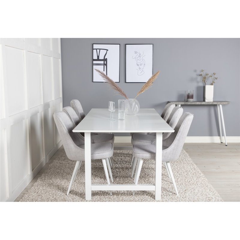 Count Dining Table - 220*100*H75 - White / White, Velvet Deluxe Dining Chair - White Legs - Light Grey Fabric_6