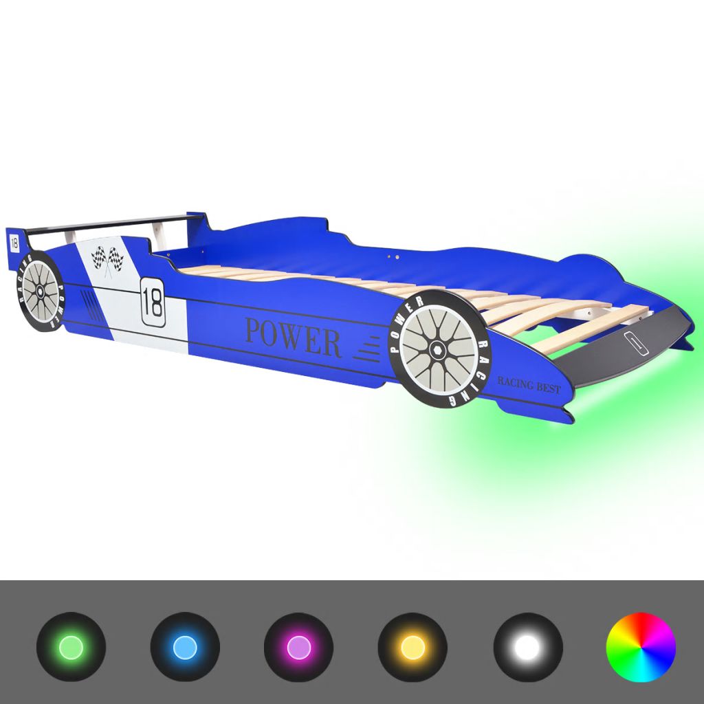 LED Barnsäng racerbil 90x200 cm blå