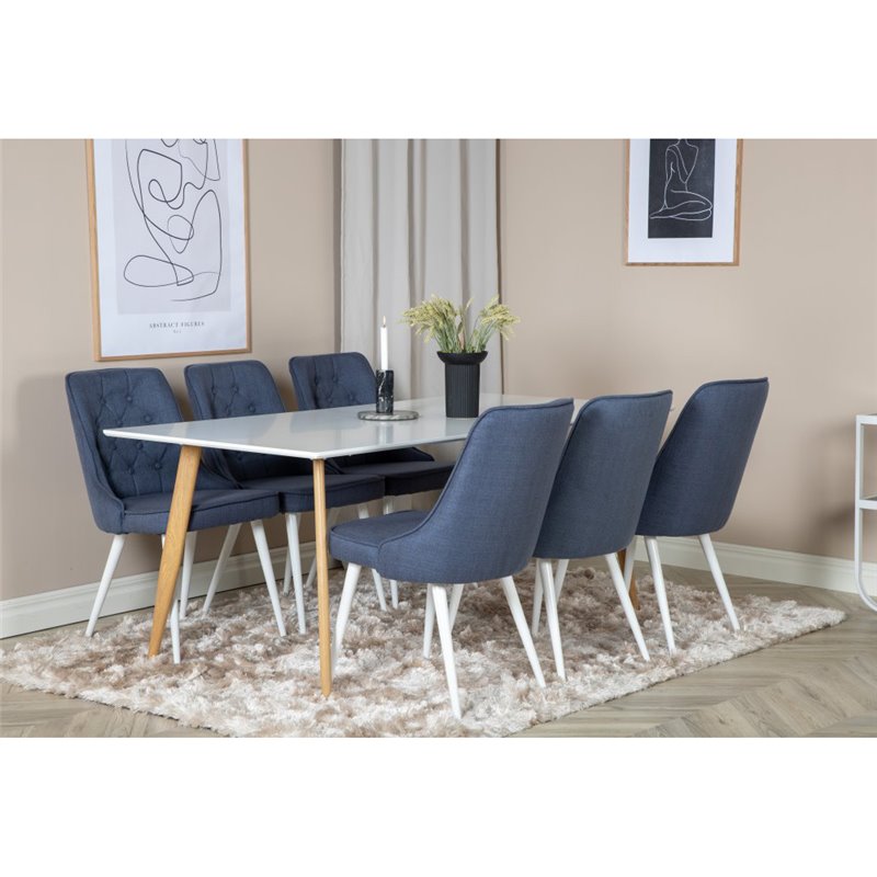 Polar Dining Table - 180*90*H75 - White / Oak, Velvet Deluxe Dining Chair - White Legs - Blue Fabric_6