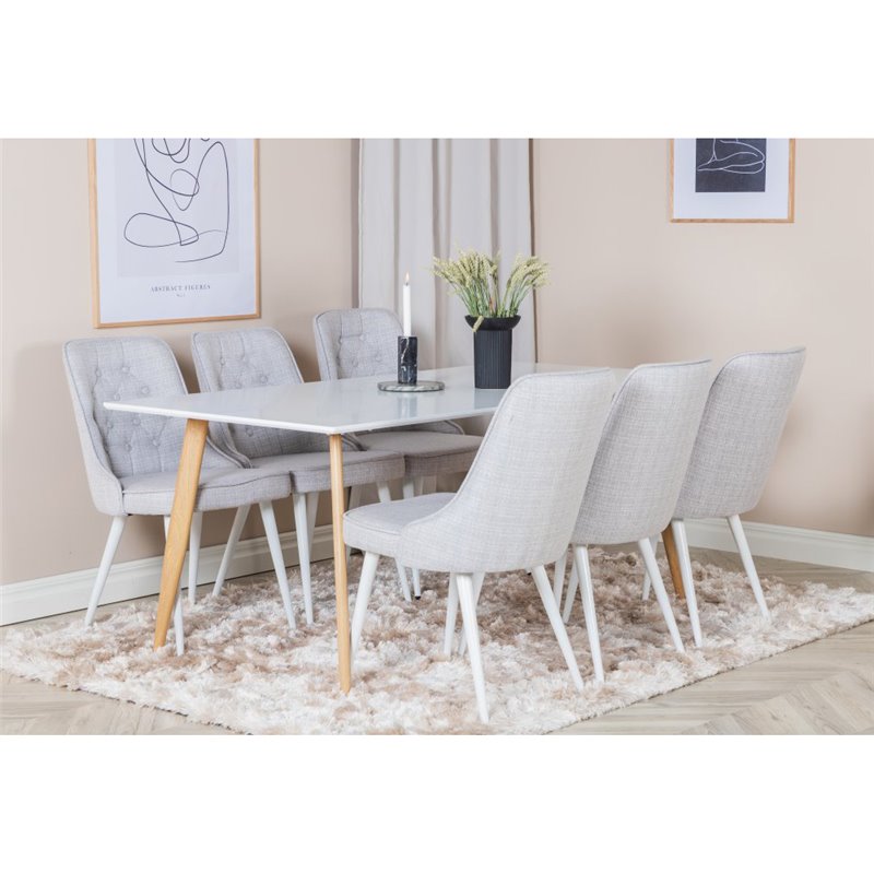 Polar Dining Table - 180*90*H75 - White / Oak, Velvet Deluxe Dining Chair - White Legs - Light Grey Fabric_6