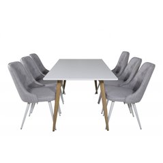 Polar Dining Table - 180*90*H75 - White / Oak, Velvet Deluxe Dining Chair - White Legs - Light Grey Fabric_6