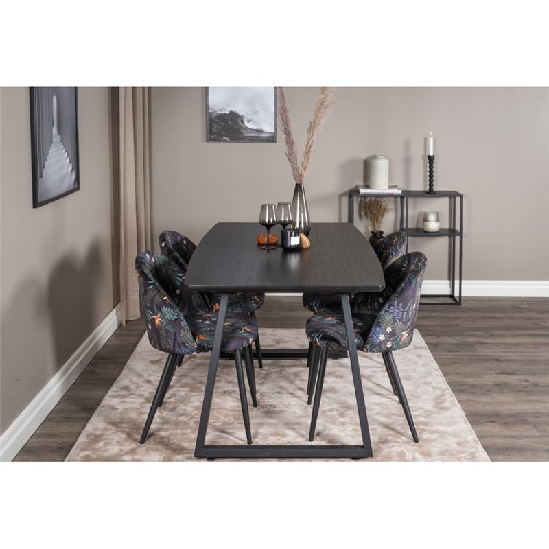 Inca Extentiontable - Black top / black Legs, Velvet Dining Chair -  Black Flower fabric_4