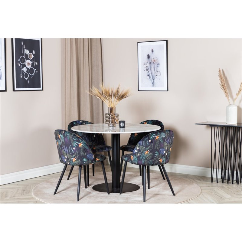 Estelle Round Dining Table ø106 H75 - White / Black, Velvet Dining Chair - Black Flower fabric_4