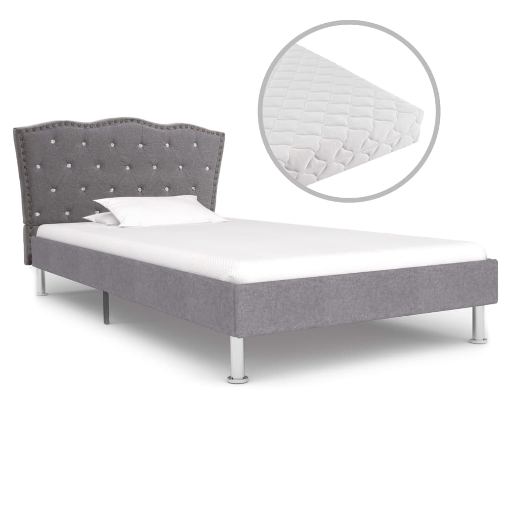  Säng med madrass ljusgrå tyg 90x200 cm
