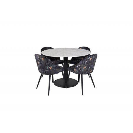 Estelle Round Dining Table ø106 H75 - White / Black, Velvet Dining Chair - Black Flower fabric_4