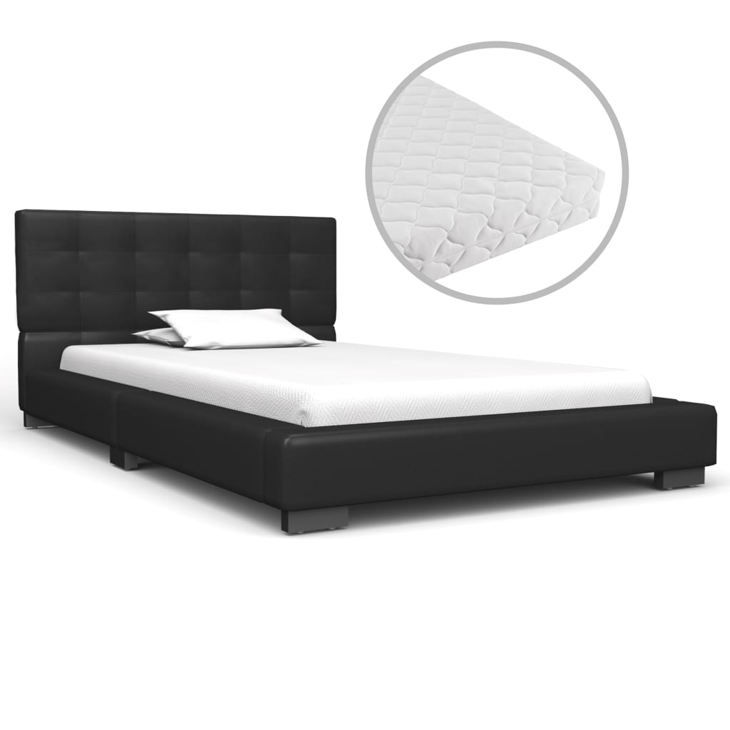  Säng med madrass svart konstläder 90x200 cm