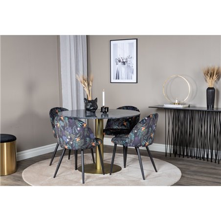 Estelle Round Dining Table ø106 H75 - Black / Brass, Velvet Dining Chair - Black Flower fabric_4