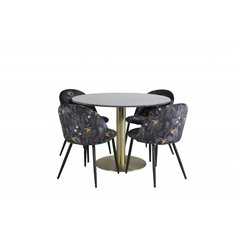 Estelle Round Dining Table ø106 H75 - Black / Brass, Velvet Dining Chair - Black Flower fabric_4