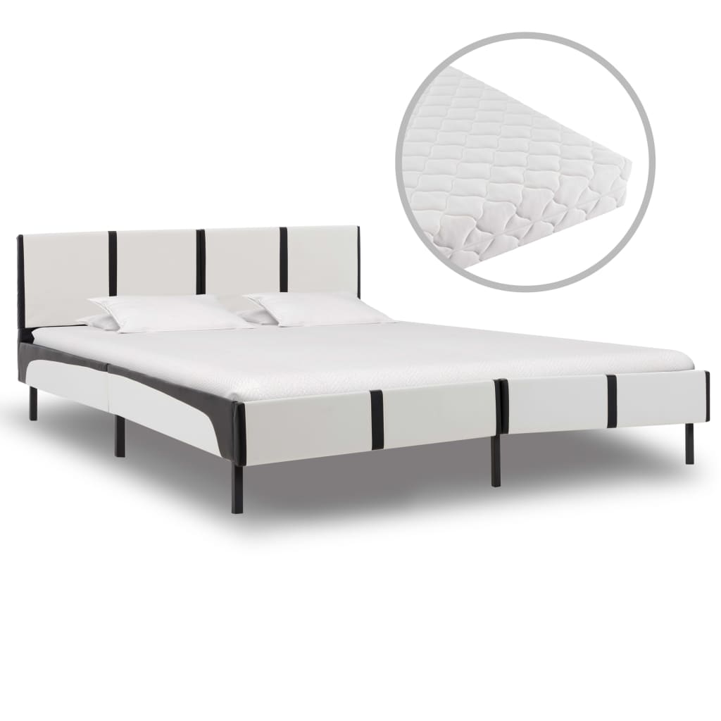  Säng med madrass vit och svart konstläder 180x200 cm