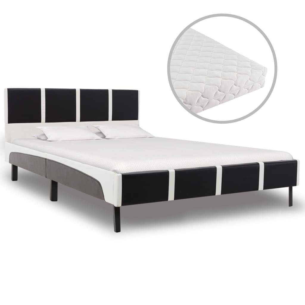  Säng med madrass svart och vit konstläder 140x200 cm