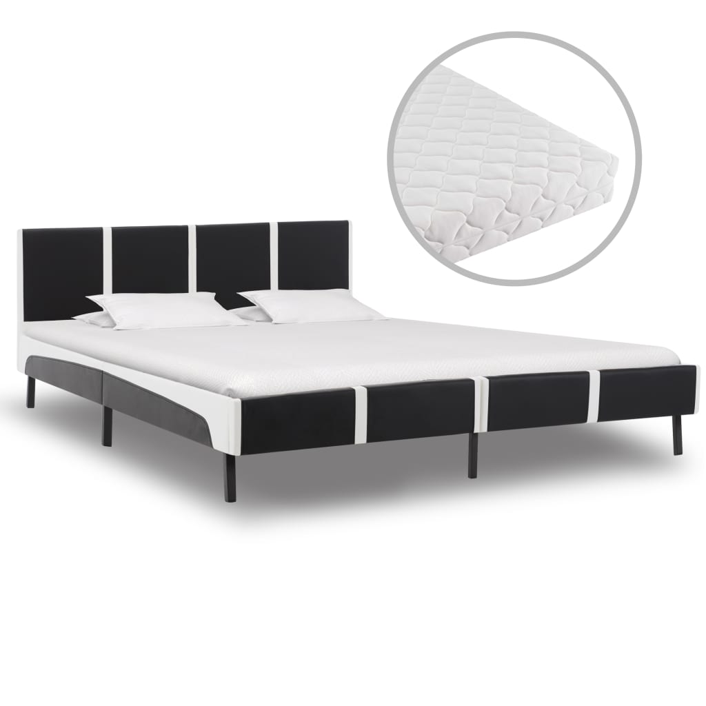  Säng med madrass svart och vit konstläder 160x200 cm