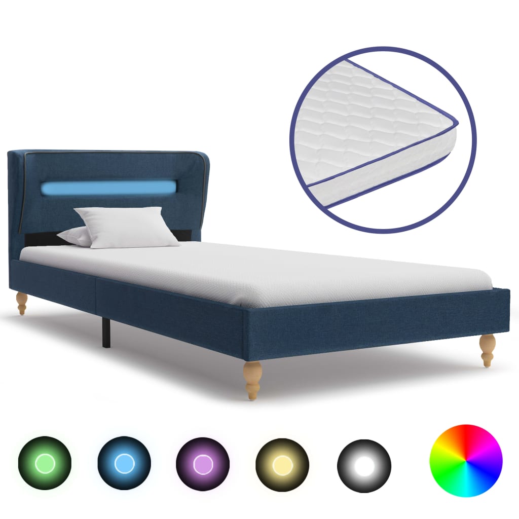 Säng med LED och memoryskummadrass blå tyg 90x200 cm
