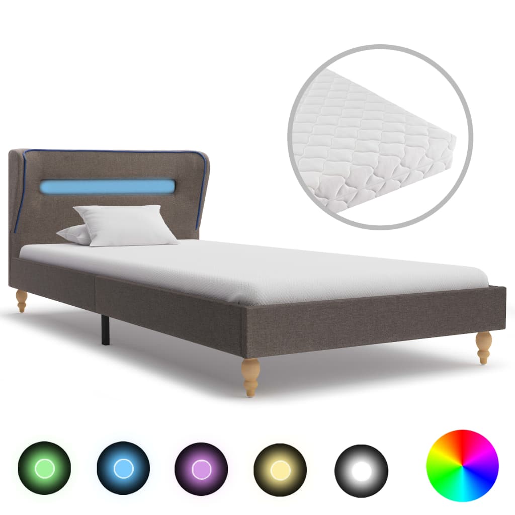 Säng med LED och madrass taupe tyg 90x200 cm