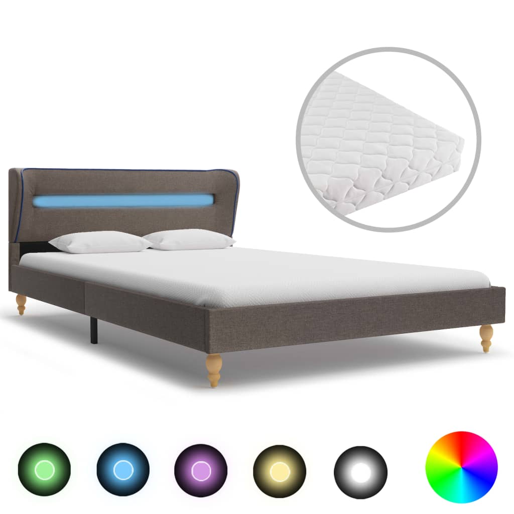  Säng med LED och madrass taupe tyg 120x200 cm