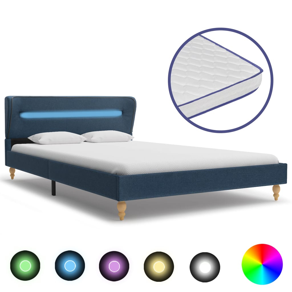  Säng med LED och memoryskummadrass blå tyg 140x200 cm