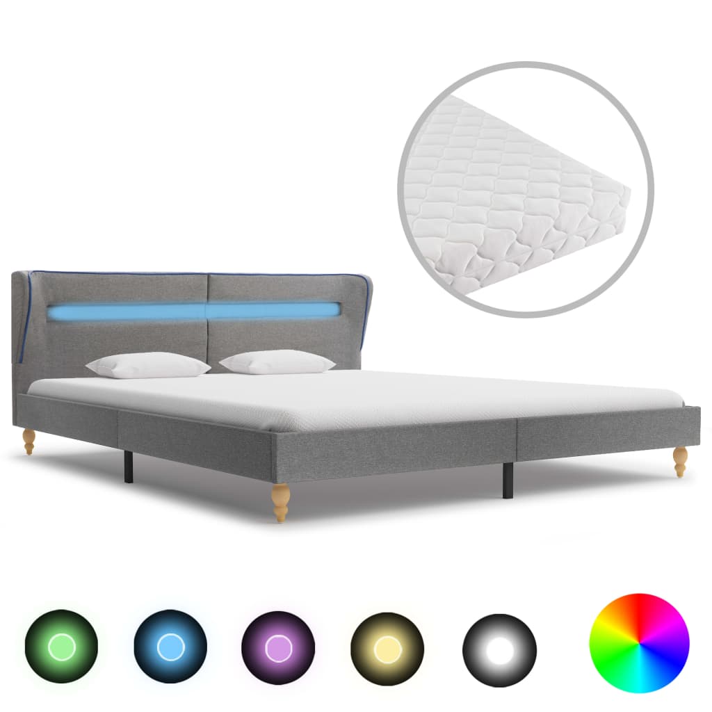  Säng med LED och madrass ljusgrå tyg 180x200 cm